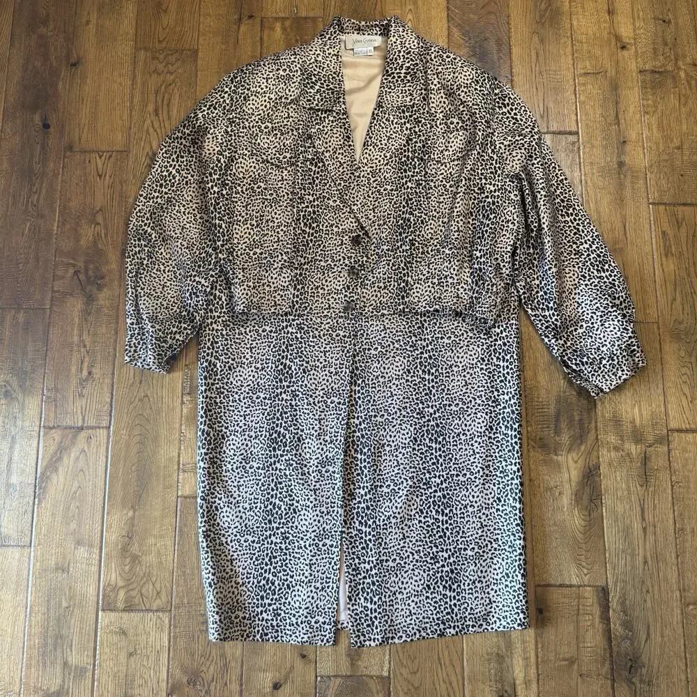 VTG Vera Cristina Suit Skirt Womens Sz 16 100% Silk Cheetah Print Skirt Blazer - Picture 1 of 7